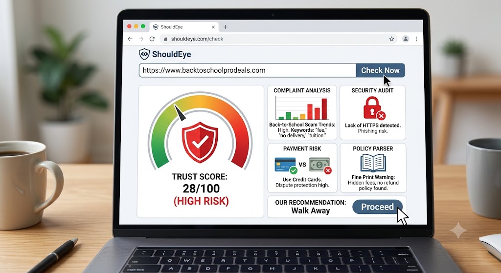A laptop screen showing the ShouldEye platform evaluating a shopping link, displaying a low trust score and warning data.