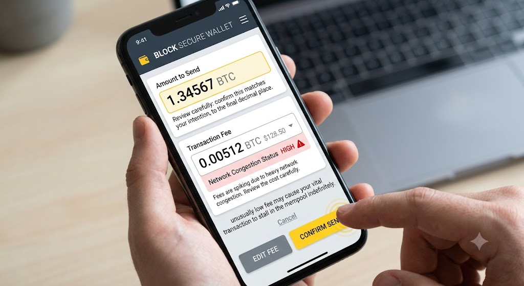 A smartphone screen shows a crypto transaction with large numbers, a 'Review Carefully' alert, and a yellow confirm button.