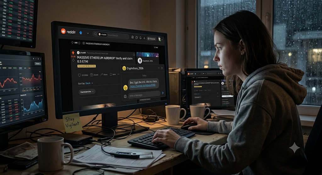 Woman at a multi-monitor desk views a fake Reddit crypto scam post and a suspicious direct message with a phishing link.
