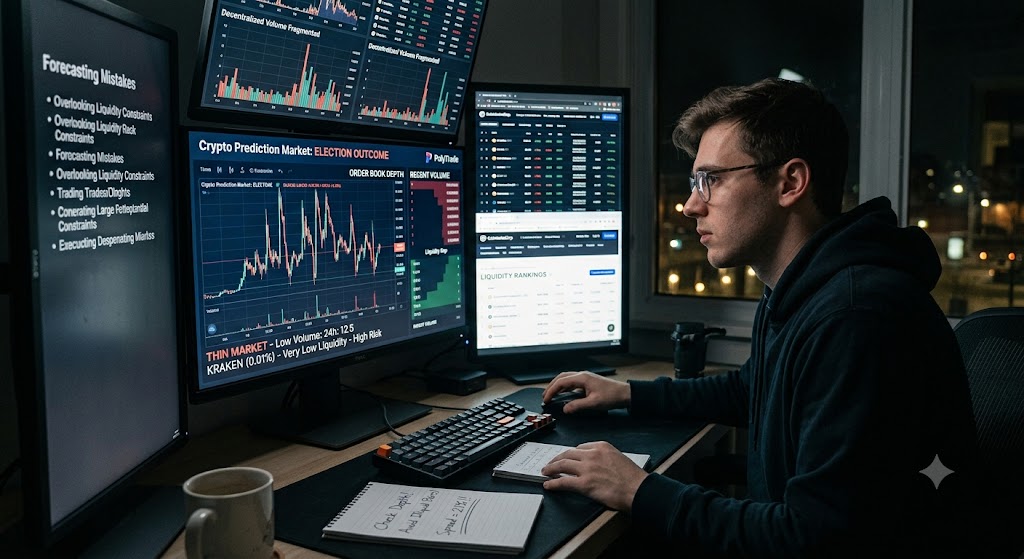 A focused trader with glasses analyzes multiple screens with charts and text, late at night, with a coffee and notebook.