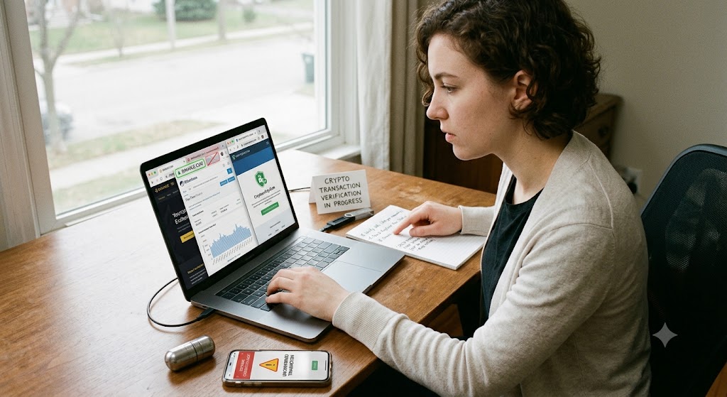 A woman at a desk with security notes, retypes a URL on her laptop to avoid compromised bookmarks.