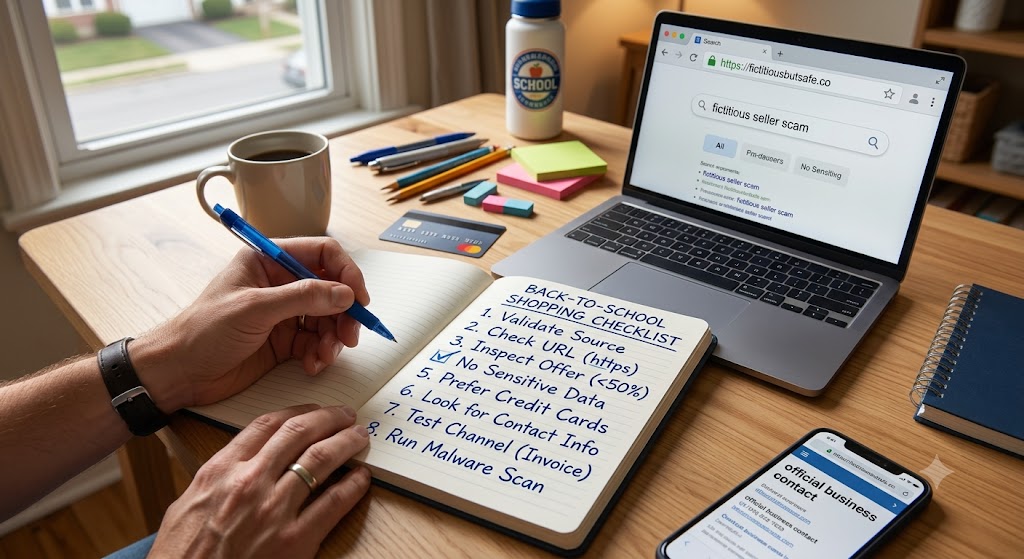 A person checks off a back-to-school shopping safety list in a notebook next to a laptop displaying secure website checks.