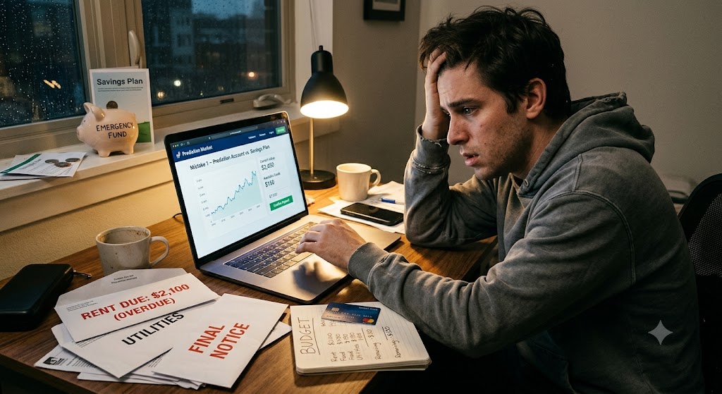 Stressed man at desk looking at a prediction market loss on his laptop, surrounded by overdue rent and utility bills.