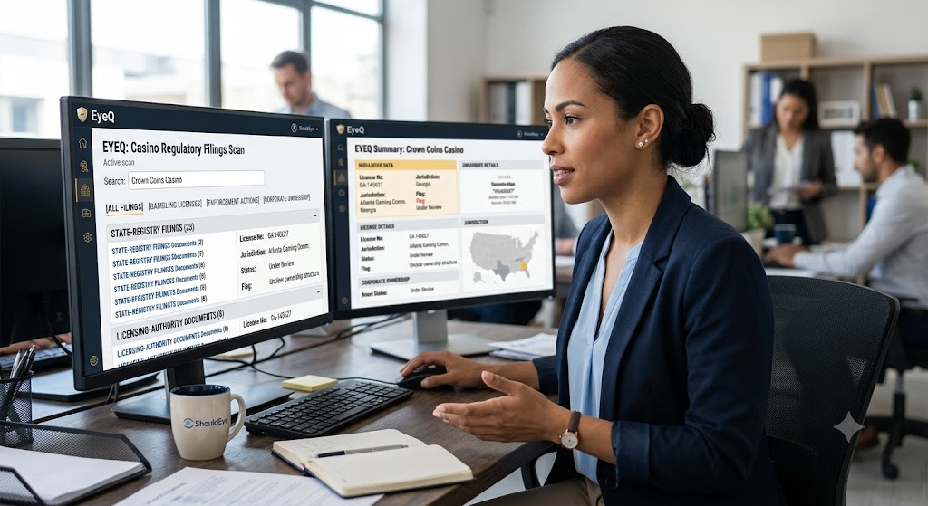 A woman works at a desk with two monitors showing data analysis for Crown Coins Casino on EyeQ.