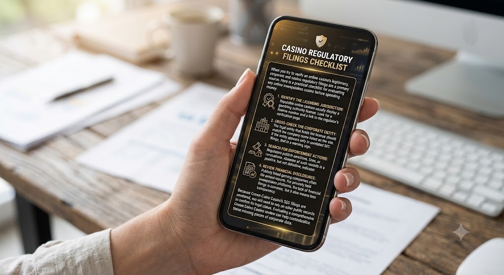A person holds a phone displaying a checklist titled "Casino Regulatory Filings" on a desk with a blurred office background.
