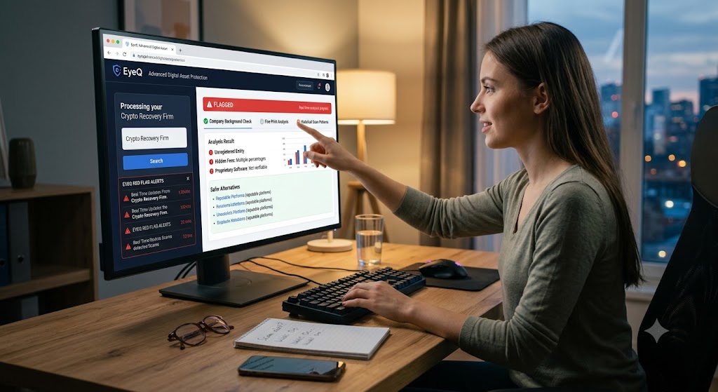A woman analyzes a "FLAGGED" crypto recovery scam alert using EyeQ protection software on a large computer monitor.