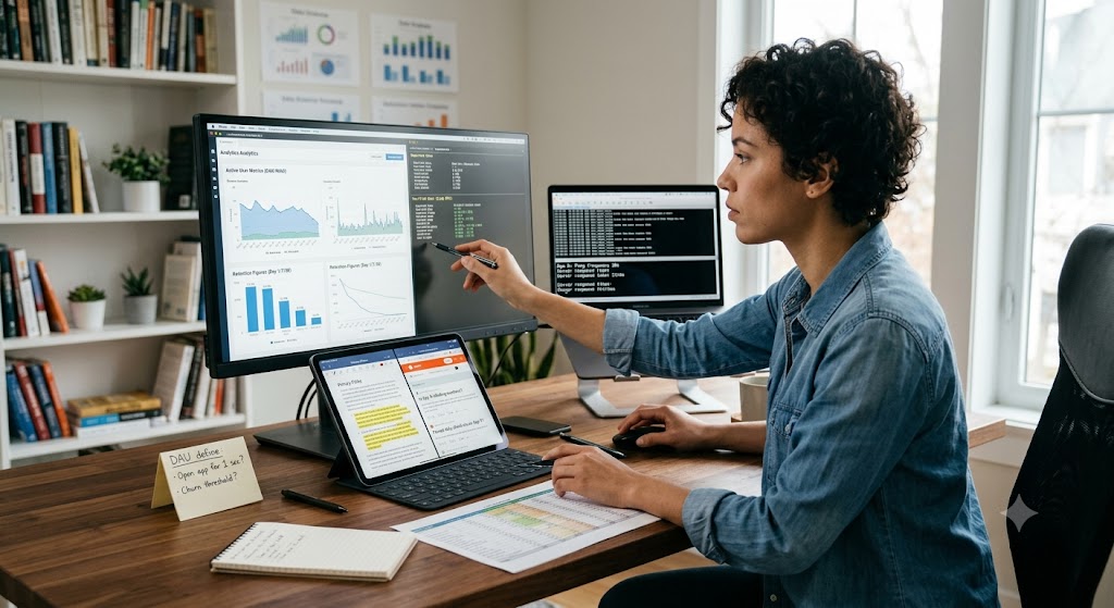 A woman sitting at a desk with multiple monitors, analyzing charts and data about app user metrics and retention.
