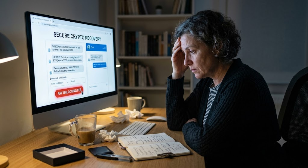 A stressed woman looks at a computer screen displaying a fraudulent crypto recovery site demanding an unlocking fee.