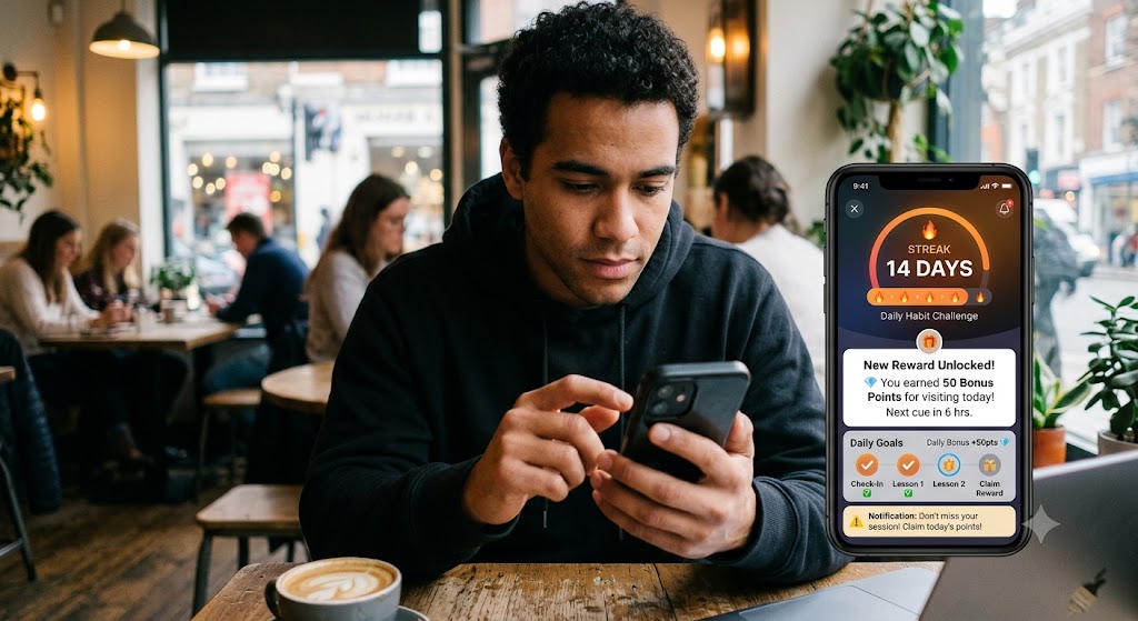 A close-up photograph of a man in a cafe using a smartphone. The phone screen highlights common app retention tricks like a 14-day streak counter and a new reward notification.