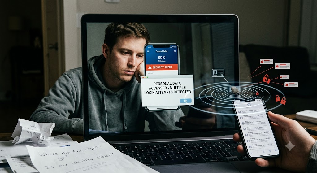 A man looks distressed at a laptop showing security alerts, with ripple effects leading to data leaks on his phone.