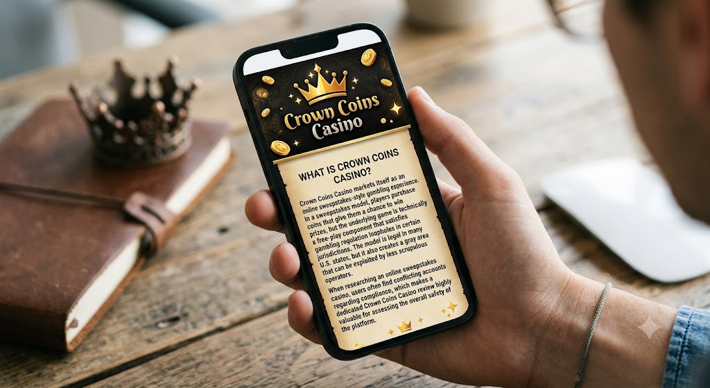 A person holds a smartphone displaying an ornate "Crown Coins Casino" logo and descriptive text over a blurred wooden desk background.