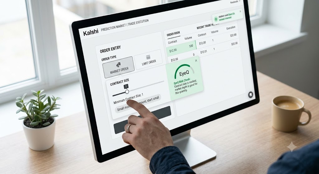 Hands adjusting an "Order Entry" panel on a large touchscreen desk computer, showing market and limit order options.