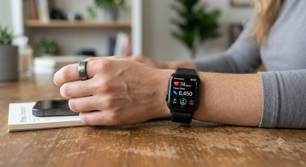 A person wearing a sleek smart ring on their index finger and a digital smartwatch displaying health data on their wrist.