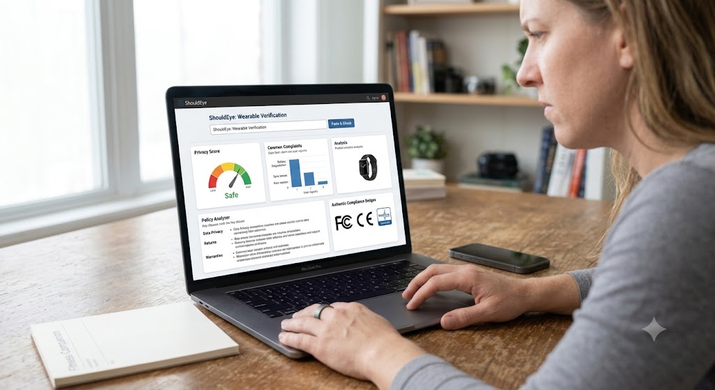 A woman looks at a laptop displaying the ShouldEye website, featuring graphs, policy analysis, and compliance badges.