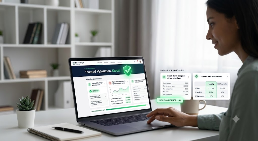 Woman in an office uses ShouldEye platform on a laptop to review Kalshi's fee schedules and confidence scores.