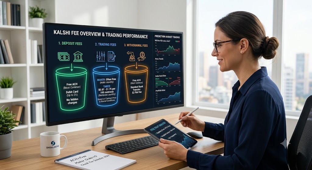 Woman looking at a monitor displaying a Kalshi fee breakdown with ShouldEye branding and an EyeQ tablet interface.