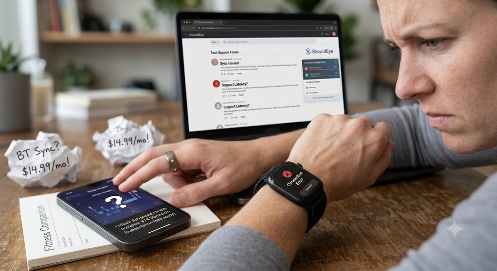 A close-up of a user at a desk, looking frustrated at a smartwatch displaying a "Connection Error" screen.