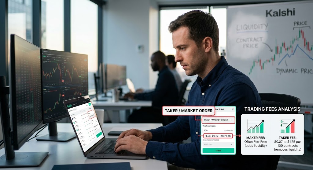 A trader analyzes Kalshi fees on a laptop, comparing fee-free maker orders with taker fees of $0.07 to $1.75.