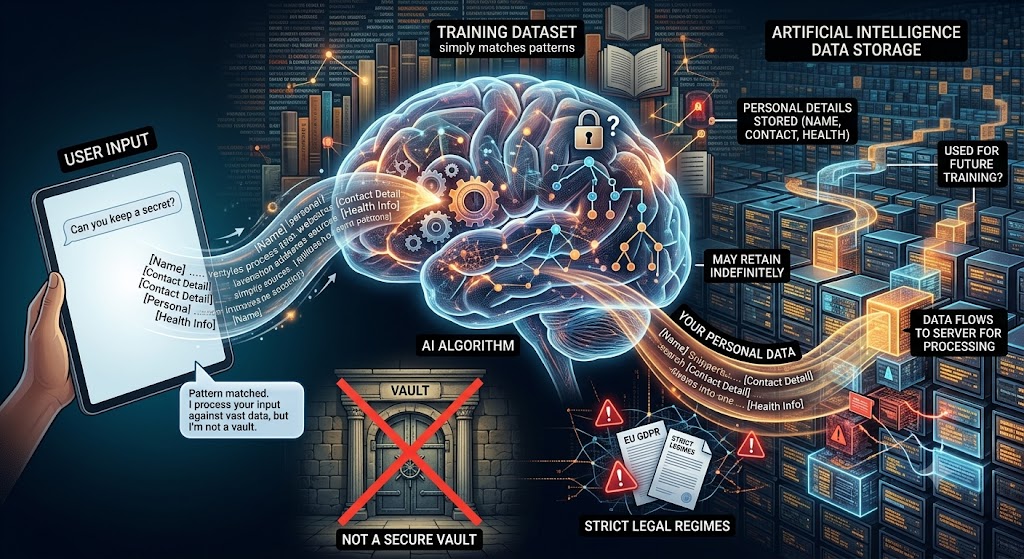 An infographic showing how AI chatbot inputs flow through a pattern-matching algorithm to indefinite data storage.