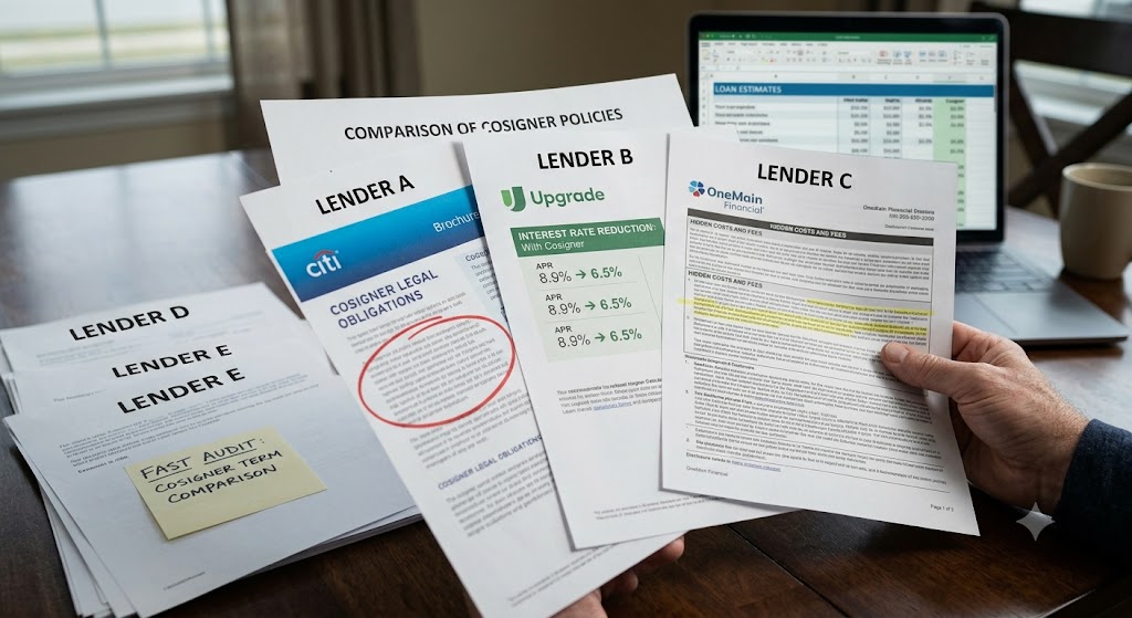 A hand holds multiple documents labeled Lender A, B, and C, comparing various cosigner policies for rapid evaluation.