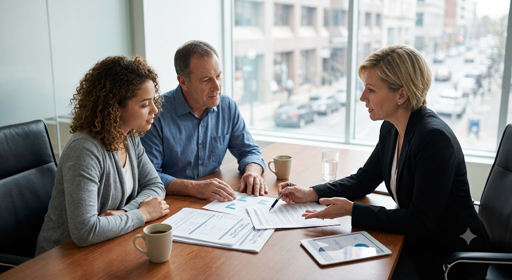 A female loan officer explains a joint loan application to a young woman and an older male cosigner at a desk.