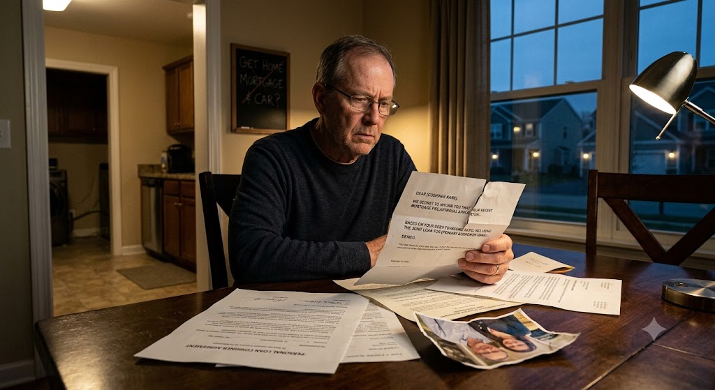 A concerned man reads a mortgage denial letter at a table covered in personal loan cosigner agreement documents.