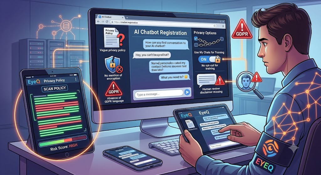 A modern infographic illustrating AI chatbot privacy red flags, with red warning icons highlighting GDPR issues and data risks.