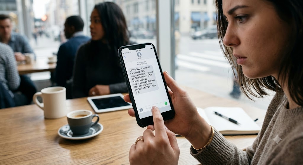 A woman holds a smartphone displaying a crypto investment scam text offering guaranteed Bitcoin returns while in a cafe.