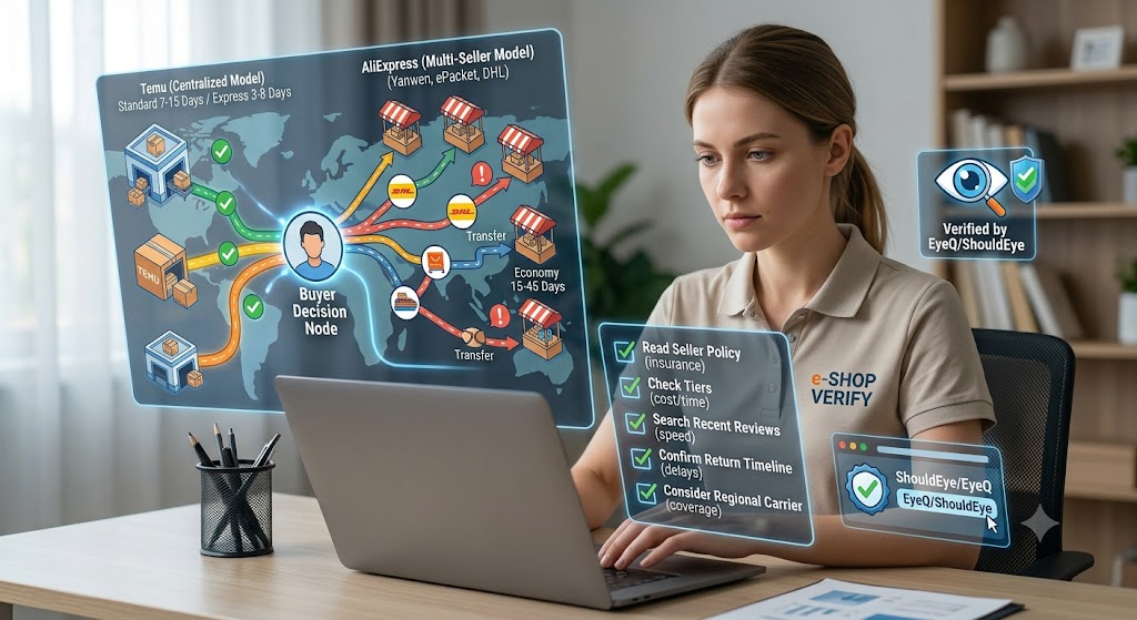 An analyst uses a data-driven platform with holographic displays to compare e-commerce shipping reliability and reviews.