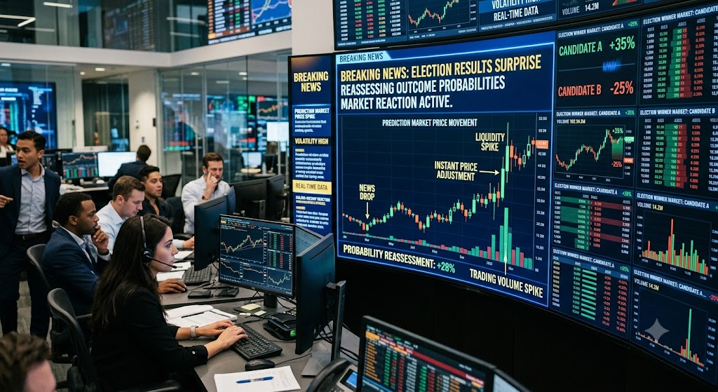 Traders in a financial room watch a large screen tracking real-time prediction market prices and breaking news drops.