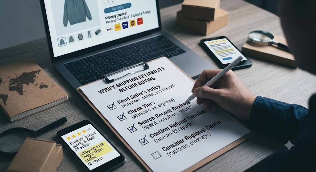 A person fills out a shipping reliability checklist on a clipboard next to a laptop showing delivery options.