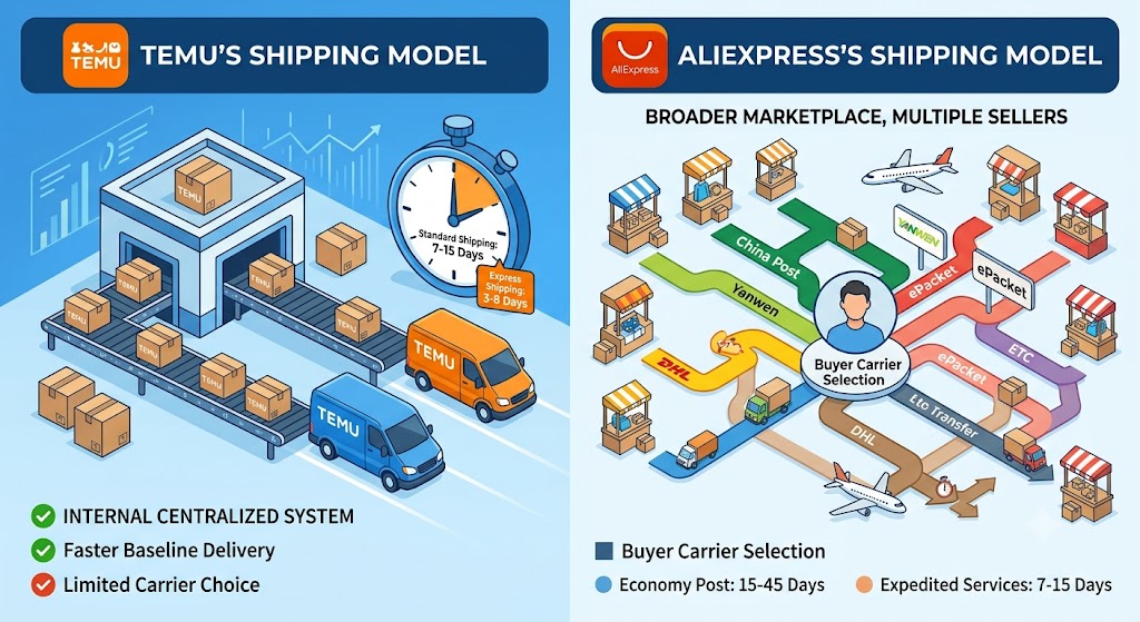 Comparison infographic of Temu's centralized shipping model versus AliExpress's multi-seller marketplace options.
