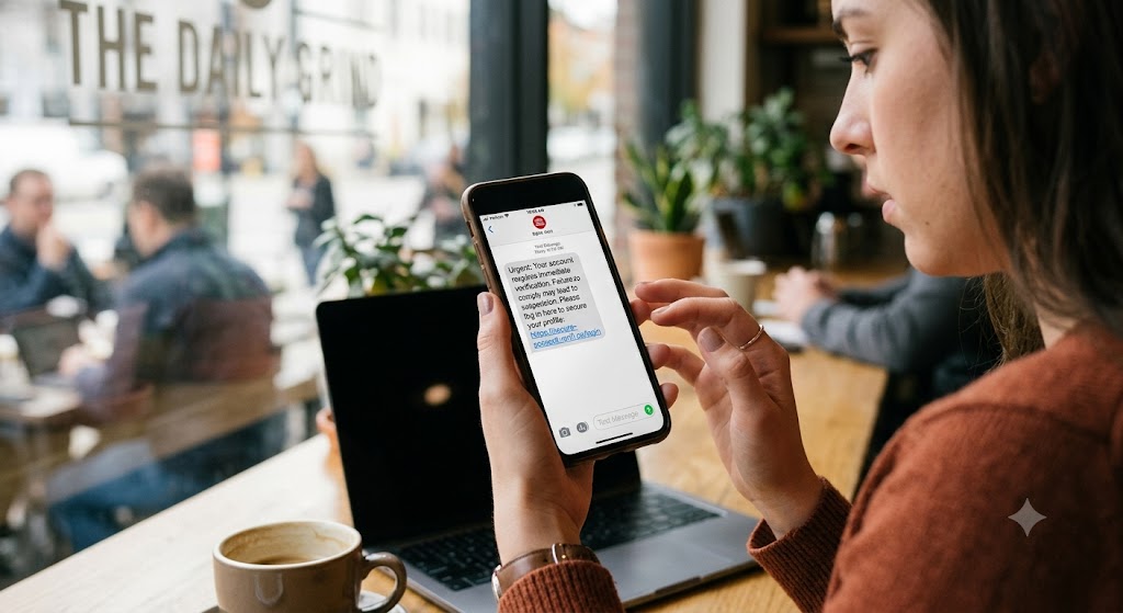 A woman in a cafe looking at a suspicious account verification phishing text message on her smartphone screen.
