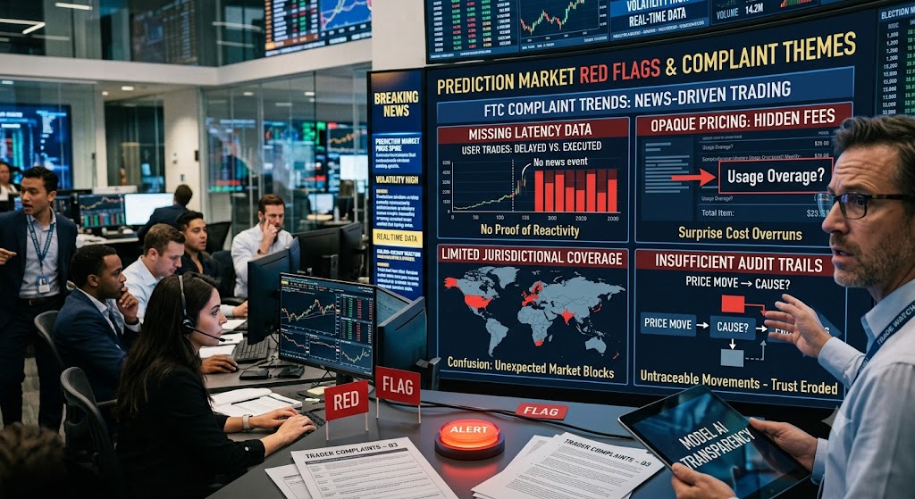 A trading room display showing prediction market red flags like missing latency data, opaque pricing, and audit gaps.