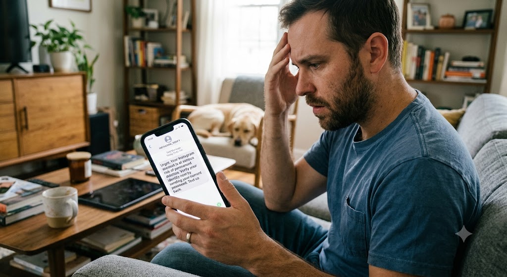 A stressed man at home looks at a social media verification scam text on his phone warning of account deletion.