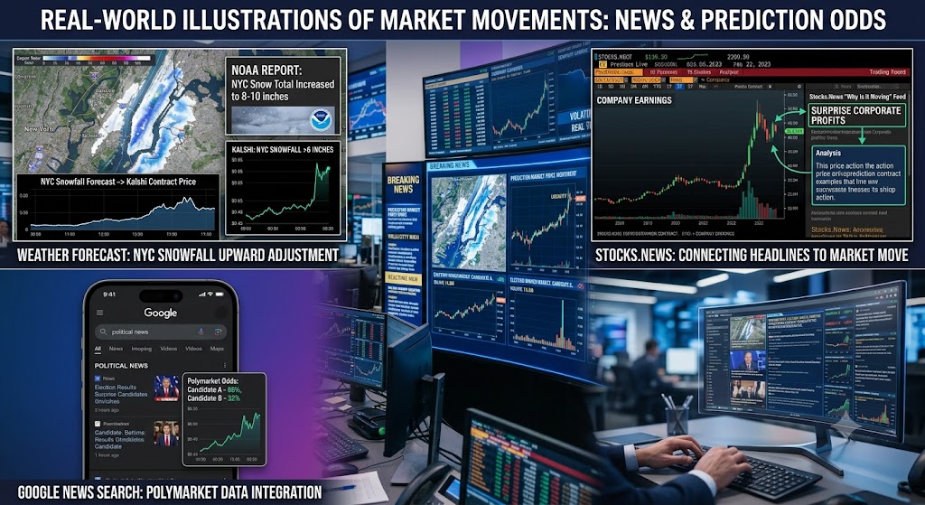 Dashboard panels showing weather maps, market trends, and a mobile phone displaying integrated news and election betting odds.