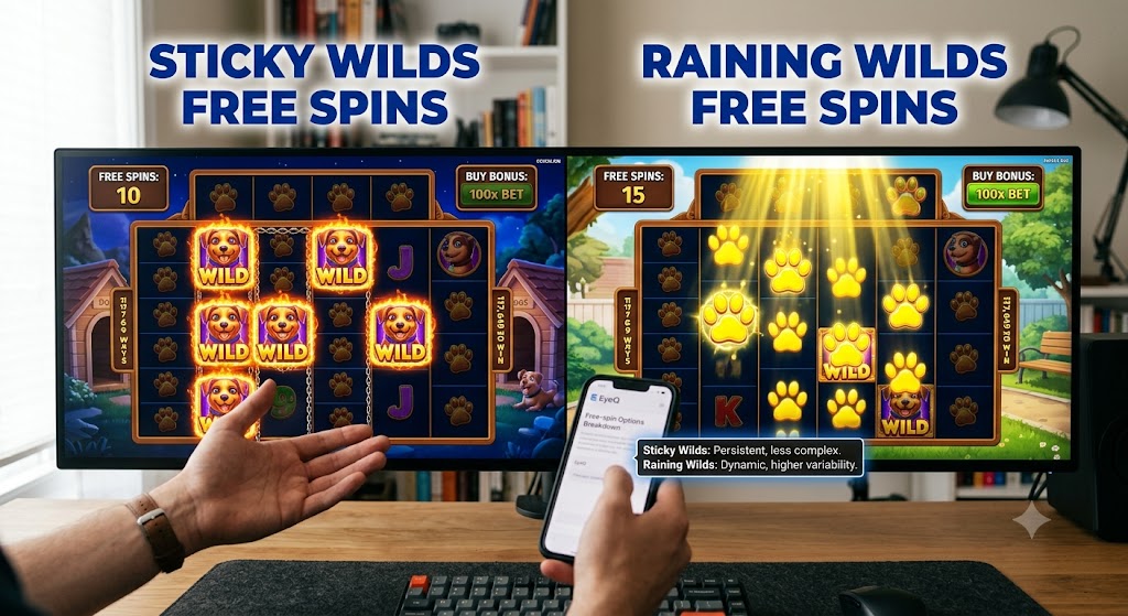 Side-by-side screens show Sticky Wilds and Raining Wilds free spins, with an EyeQ app displaying option breakdowns.