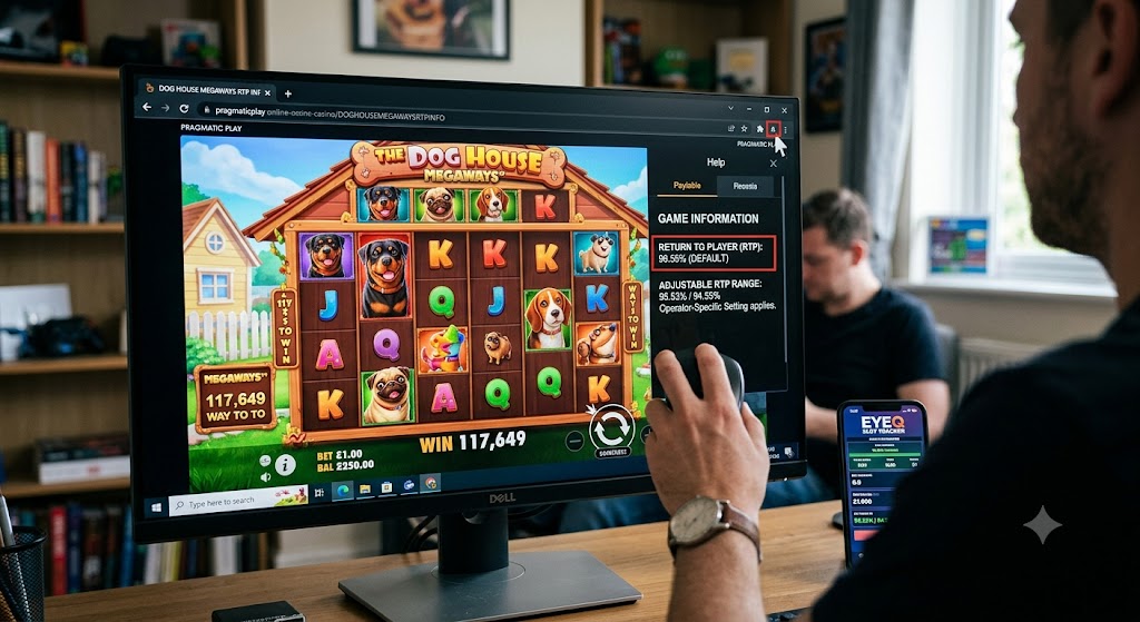 A person checks the Dog House Megaways RTP on a monitor, using the EyeQ mobile slot tracker app on a smartphone nearby.
