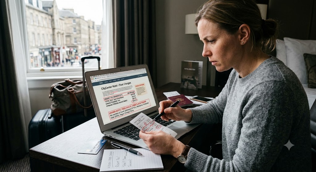 A woman at a laptop in a hotel room looks closely at unexpected extra charges and resort fees on her digital bill.