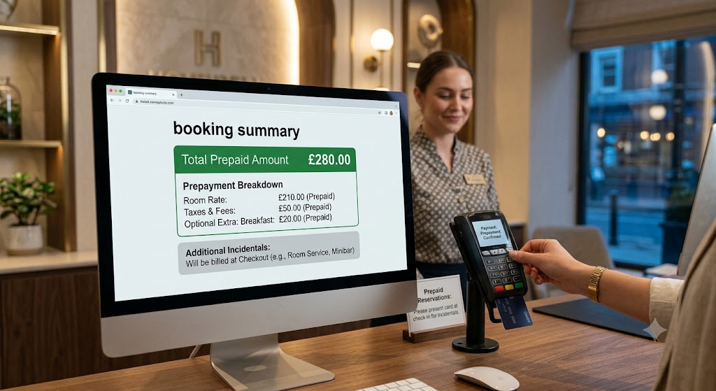 A monitor displays a prepaid booking breakdown at a hotel front desk, while a guest inserts a card for incidentals.