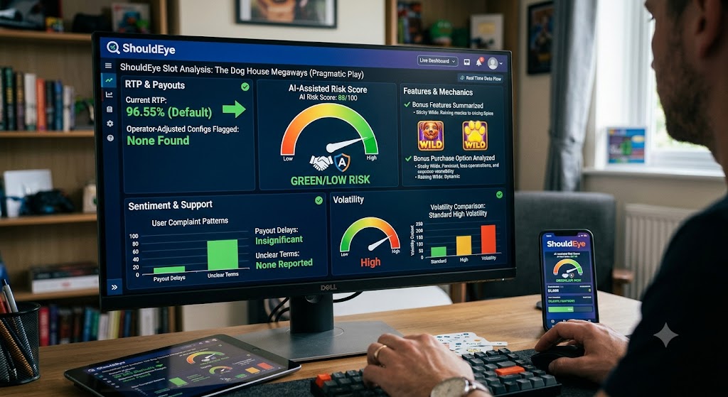 A person views the ShouldEye slot analysis dashboard on a desktop monitor, displaying the game's risk score and metrics.