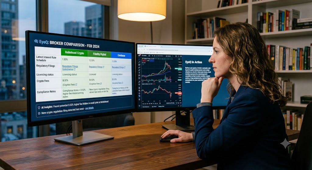 A woman reviews a broker comparison on two monitors, showing data for Robinhood Crypto, Fidelity Digital, and Coinbase.