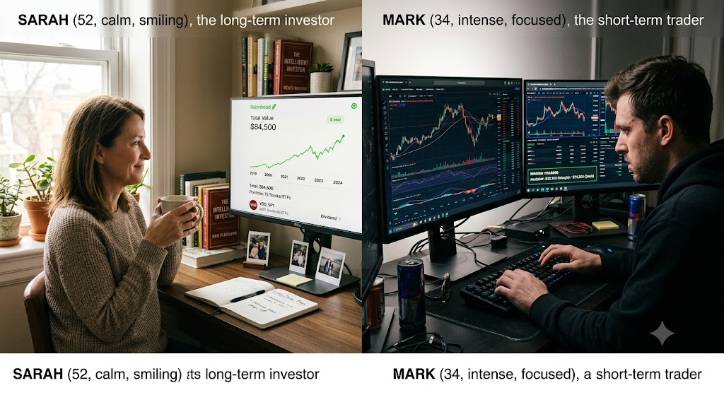 Split screen comparing a calm woman's "long-term" stock growth with a focused man's "short-term" volatile charts.