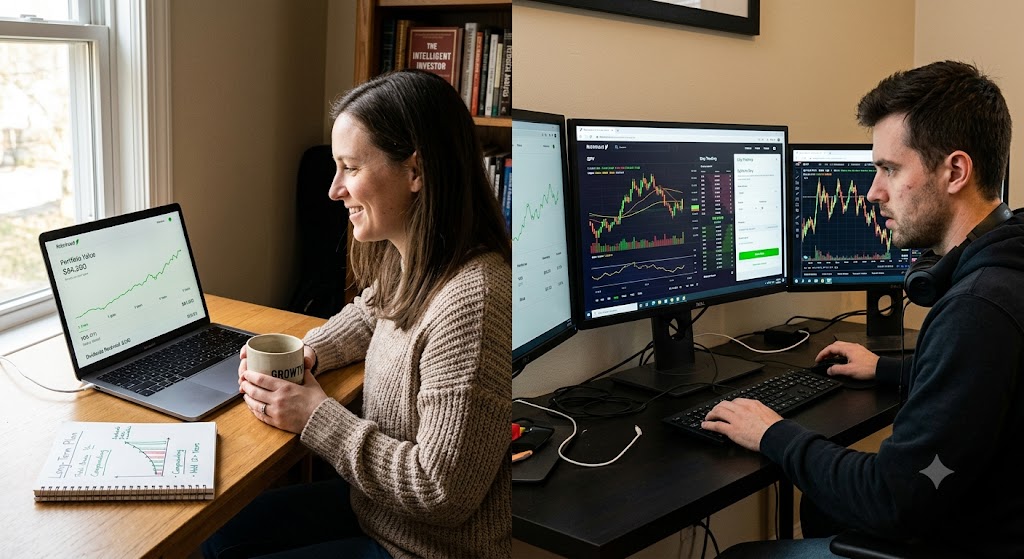 Split comparison showing a long-term investor smiling at a laptop, and an active trader monitoring multiple screens.