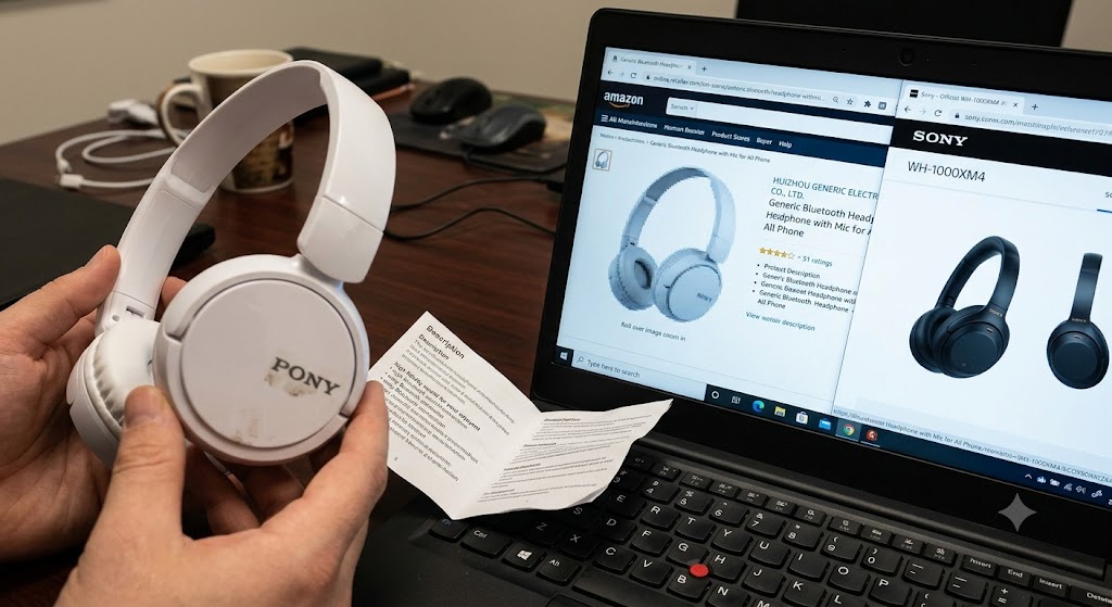 A person holds white headphones labeled "PONY," comparing them to Sony headphones on a laptop screen with spelling errors.