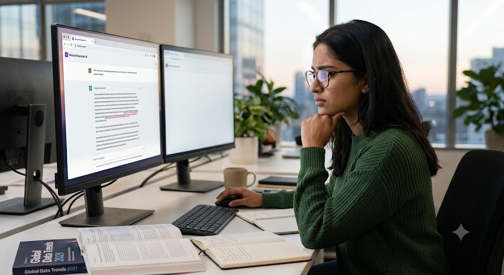 A woman looks sceptically at an AI text output on a monitor, verifying information alongside open books and notes.