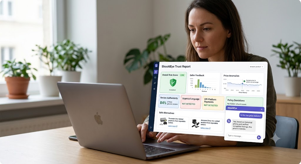 A person viewing a 'ShouldEye Trust Report' digital dashboard on a laptop to analyze online shopping risk and metrics.