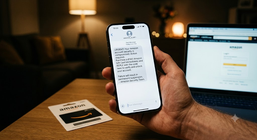 A person holding a phone showing a fake Amazon text scam next to an Amazon gift card on a wooden table.