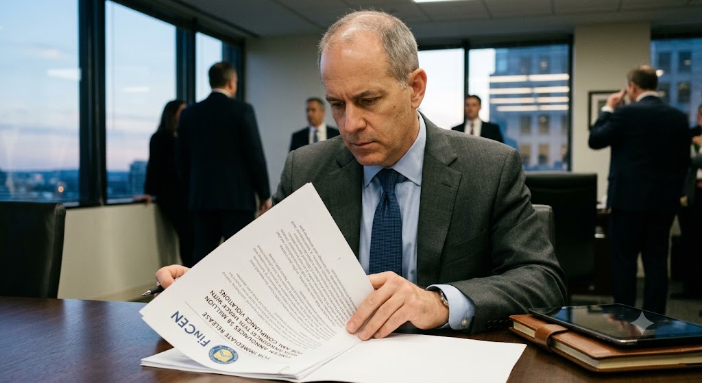 An executive reviews a FinCEN document in a corporate office regarding compliance and a multimillion-dollar fine.