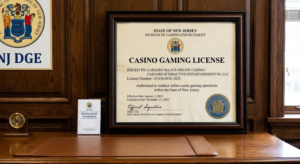 A framed New Jersey Casino Gaming License for Caesars Palace Online Casino sits on a wooden desk next to an NJ DGE logo.